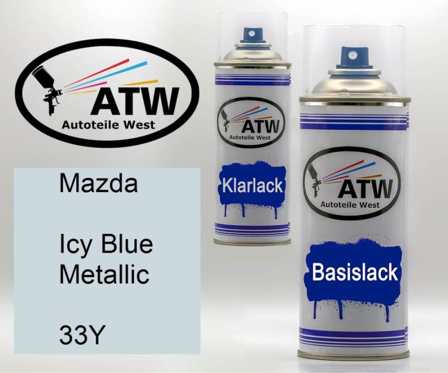 Mazda, Icy Blue Metallic, 33Y: 400ml Sprühdose + 400ml Klarlack - Set, von ATW Autoteile West.